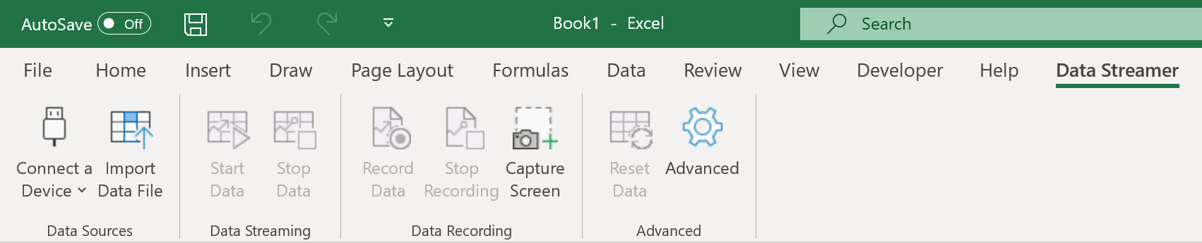 [Excel のMicrosoft Data Streamer] リボン。