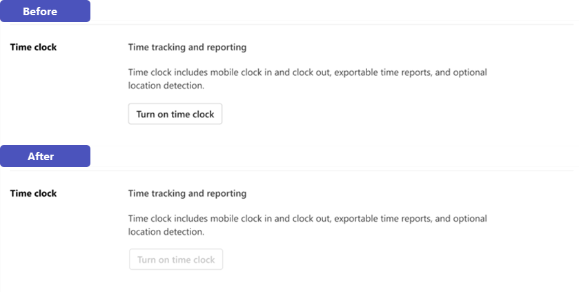 アクセス許可を削除して変更する前と後の現場マネージャーの Shifts でのタイム クロック設定の例。