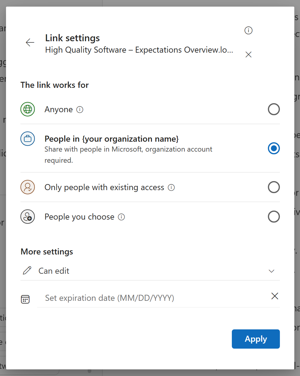Copilot ページのアクセス許可で使用できる共有設定を示すスクリーンショット。