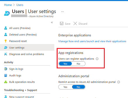 Microsoft Entra 管理センターの [アプリの登録] プロパティが true に設定されているスクリーンショット。
