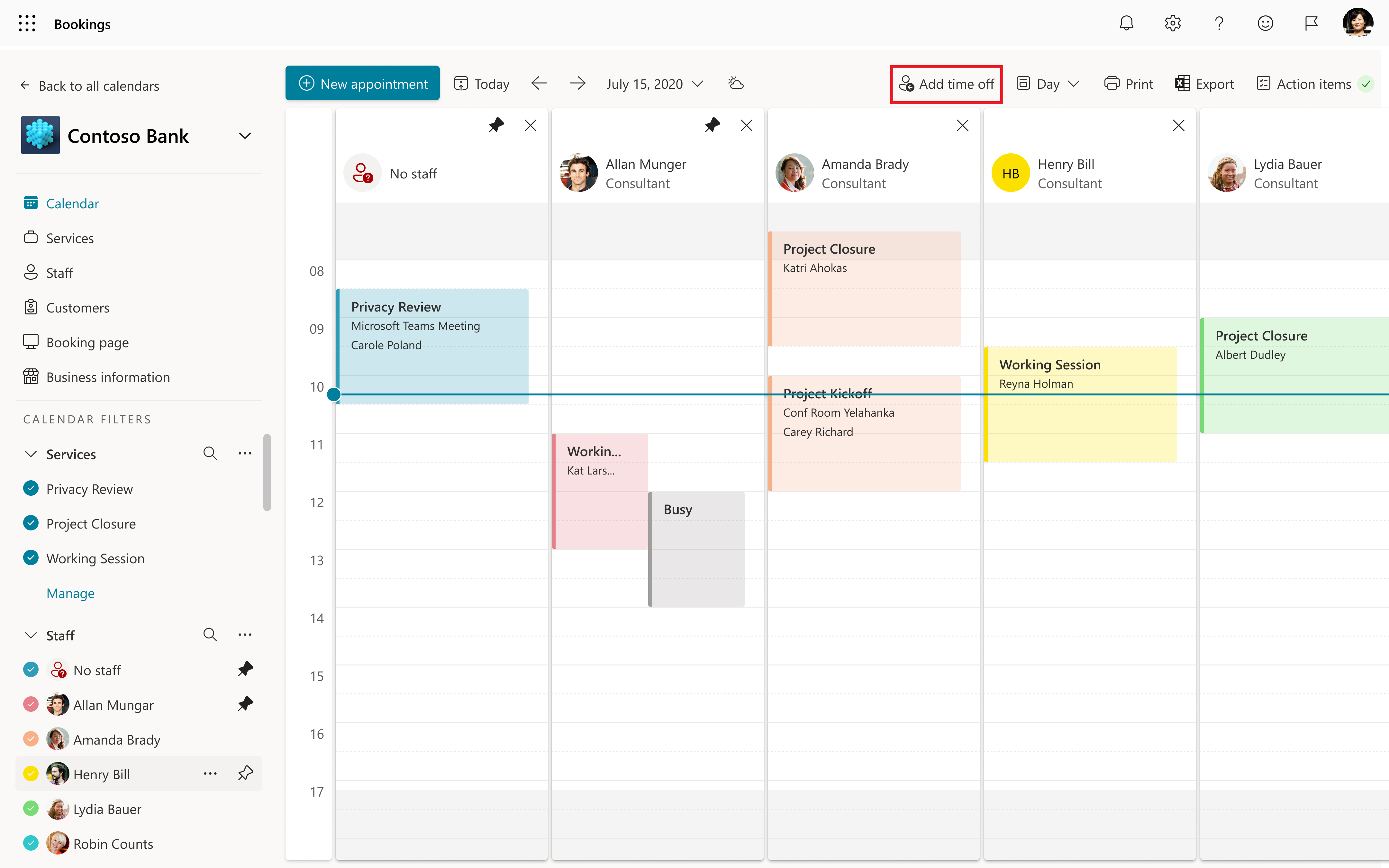 [Bookings calendar view and time off]\(予約カレンダーの表示と休暇\) ボタン。