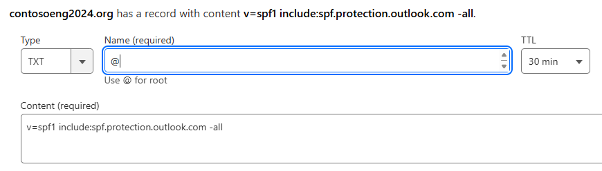 SPF TXT レコードを追加するために [保存] を選択した場所のスクリーンショット。