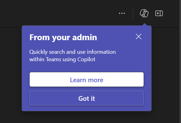 管理者が Copilot を使用するための Teams の通知ポップアップを示すスクリーンショット。