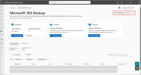 Email通知オプションを示すMicrosoft 365 管理センターのMicrosoft 365 バックアップ ページのスクリーンショット。