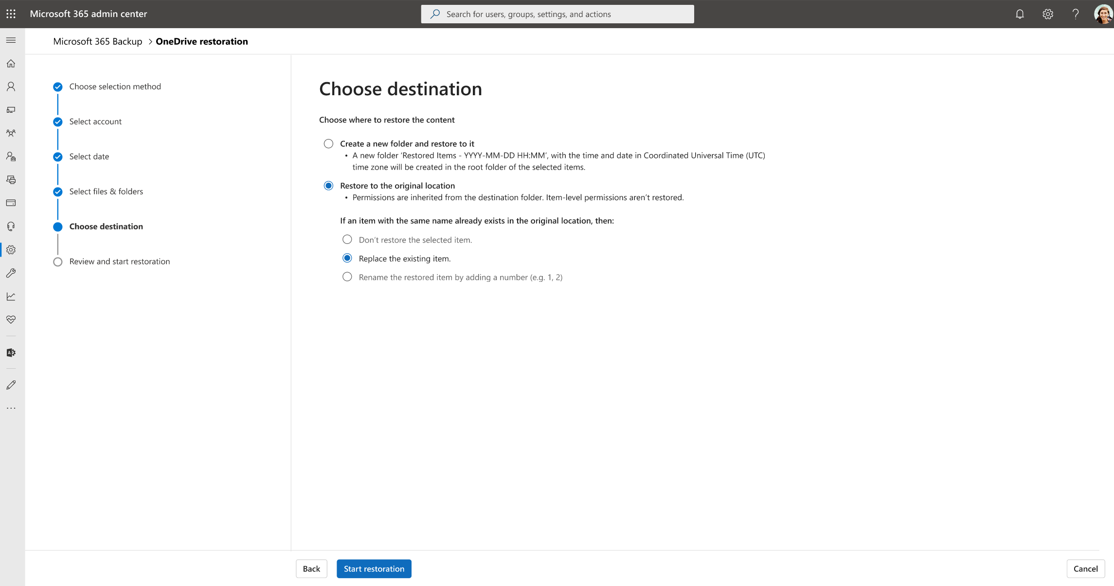 [宛先の選択] ページと OneDrive の詳細な復元のオプションを示すスクリーンショット。