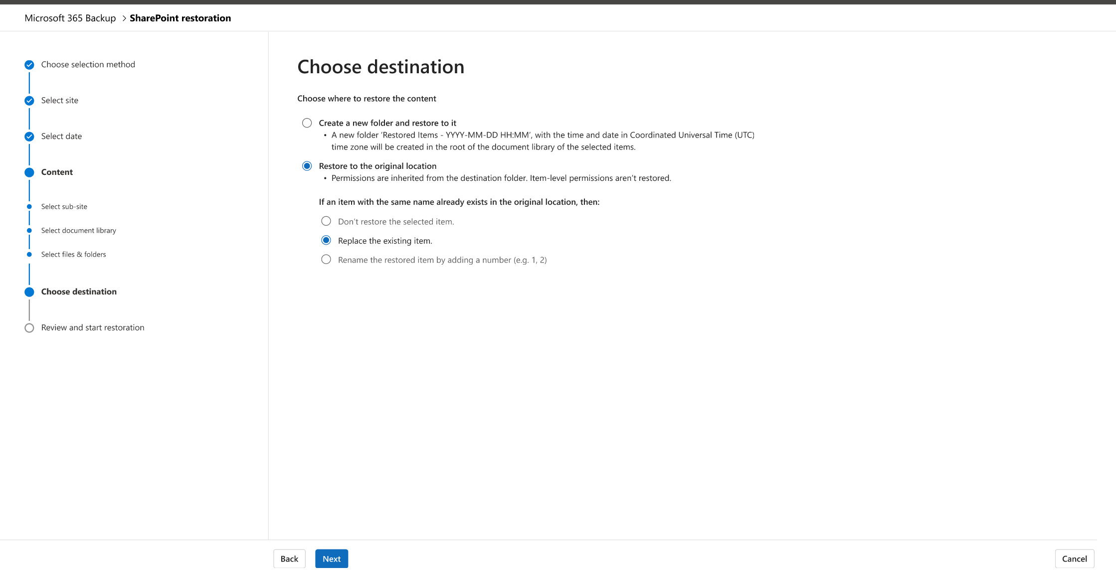 SharePoint の詳細な復元の [宛先の選択] ページとオプションを示すスクリーンショット。