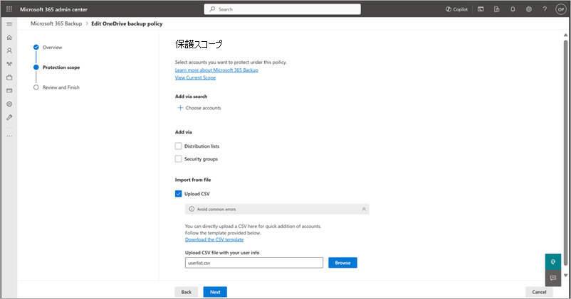 OneDrive の [保護スコープ] ページの [ファイルからインポート] セクションのスクリーンショット。