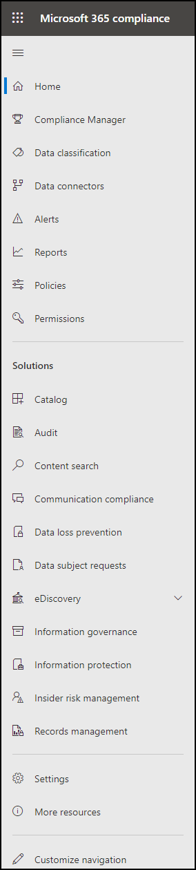 Microsoft Purview コンプライアンス ポータルのナビゲーション。