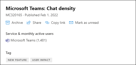 スクリーンショット: メッセージ センター投稿の Microsoft Teams チャット密度ページと月間アクティブ ユーザー データの表示