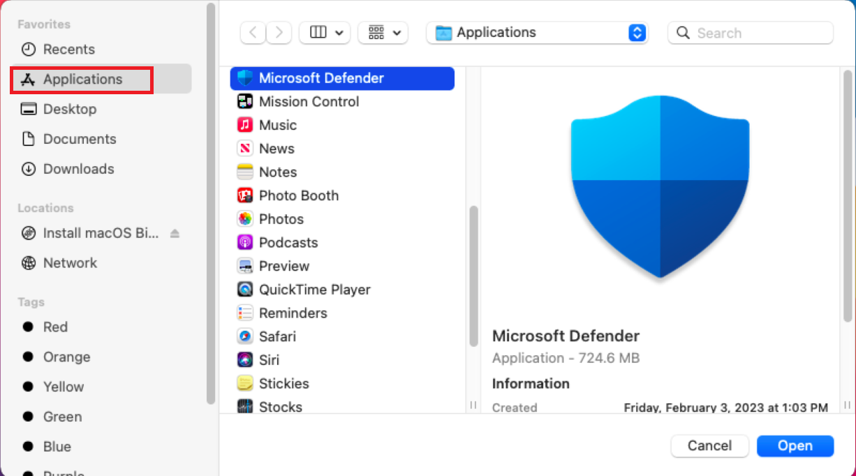 アプリケーションとMicrosoft Defenderを選択するプロセス。