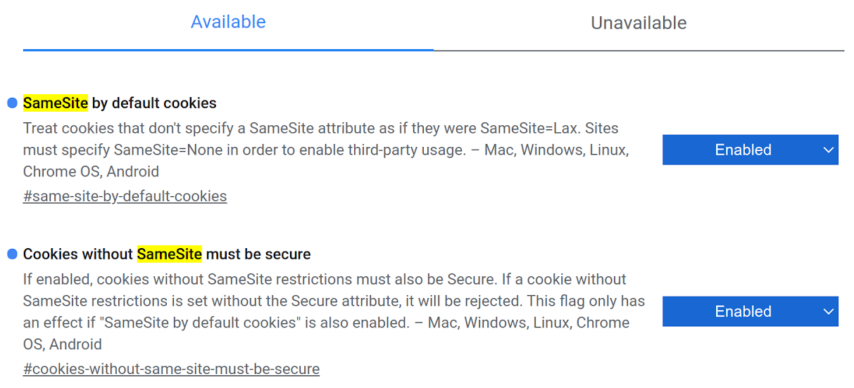 Chrome で SameSite 設定を有効にするためのスクリーンショット。