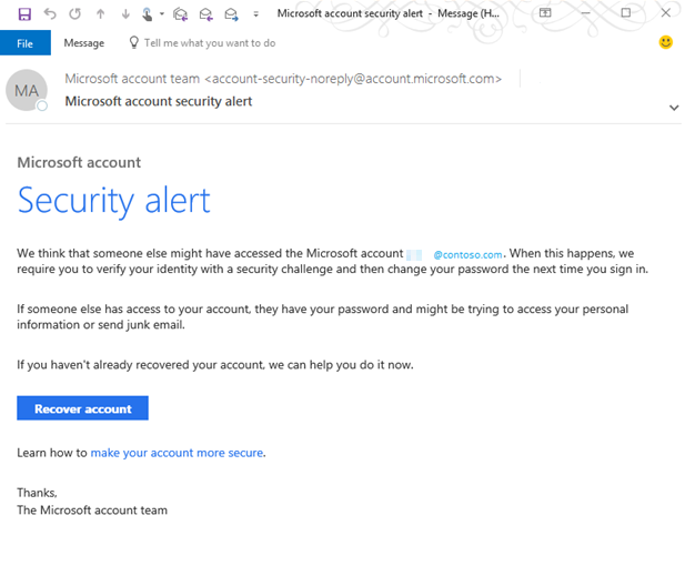 Microsoft アカウントのセキュリティ アラート メッセージのスクリーンショット。