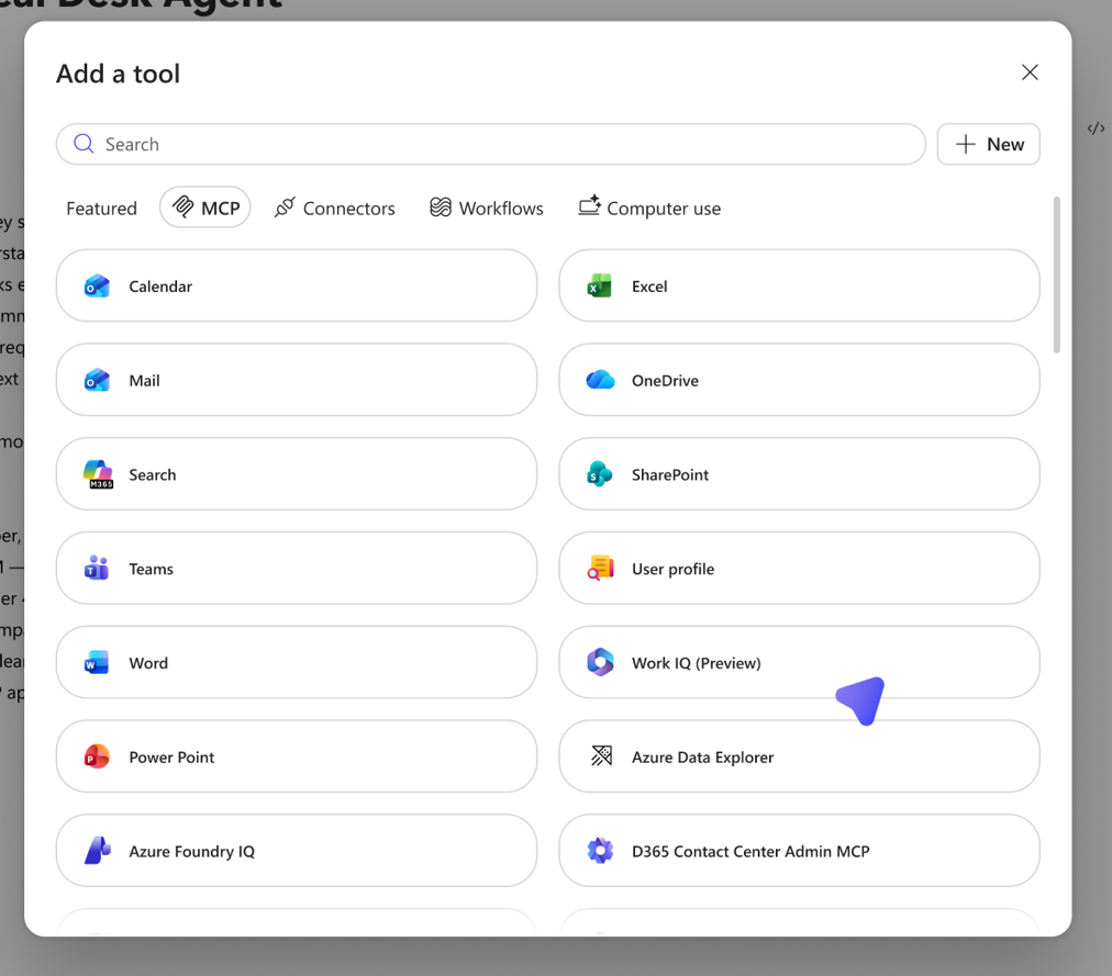 ツールを追加ページから「Work IQ(プレビュー)」を選択してください。