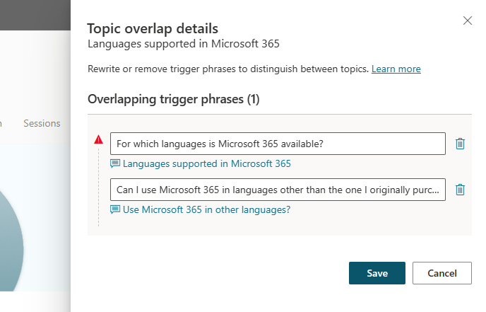 Microsoft 365 言語トピックに関連する重複を示すトピック重複の詳細ペインのスクリーンショット。