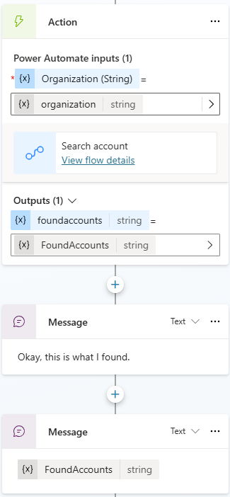 見つかったアカウントのリストで応答する会話フローのスクリーンショット
