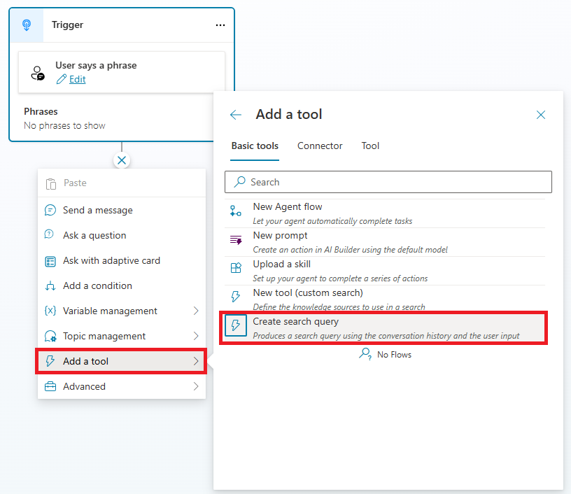 ノードが追加された後のスクリーンショット。[ツールの追加] の選択が強調表示され、[検索クエリの作成] に重点が置かれていました。
