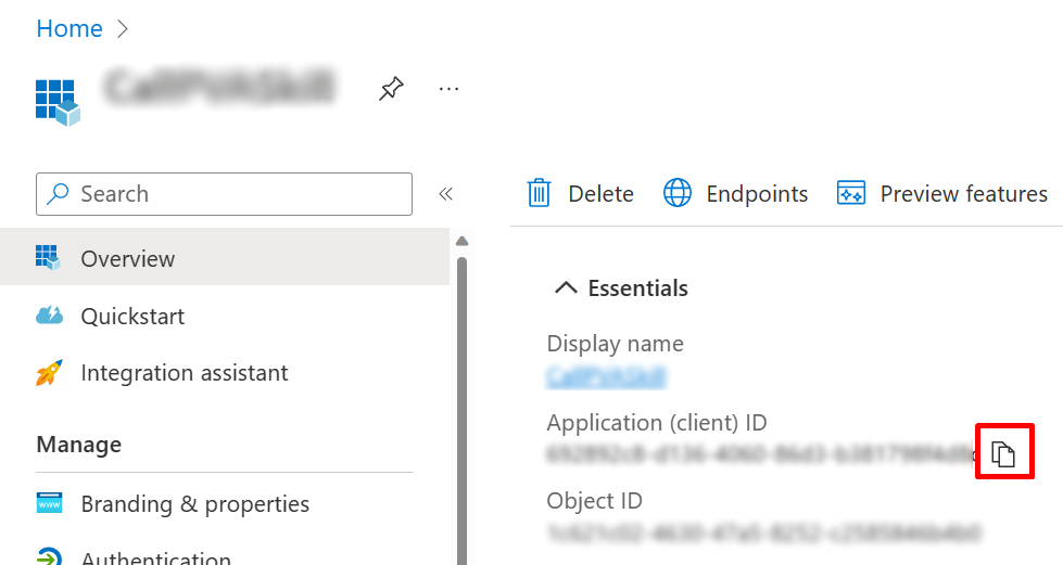 Azure portal でアプリケーション (クライアント) IDを見つける場所のスクリーンショット。