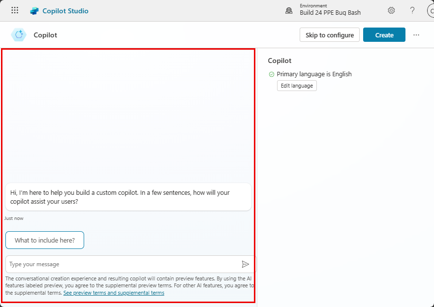 会話ビルダーに重点を置いたコパイロット作成ページのスクリーンショット。
