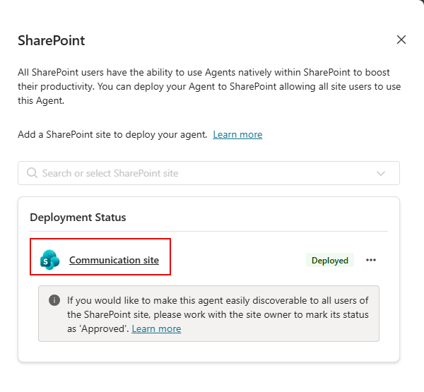 SharePoint チャンネルの構成パネルの展開状態エリアにあるSharePointサイトリンクのスクリーンショット