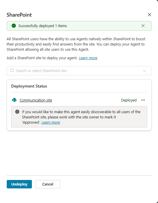 「SharePoint サイトをチャネルとして選択」パネルのスクリーンショットは、SharePoint サイトが正常に展開されていることを示しています。
