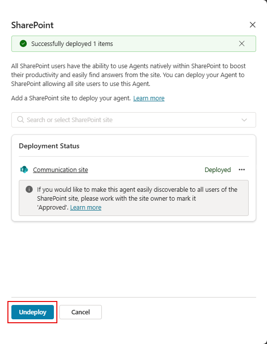 展開解除ボタンが強調表示されたSharePoint構成パネルのスクリーンショット。