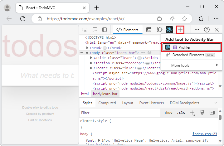 DevTools の [その他のツール] ボタンをクリックして、アクティビティ バーにツールを追加する