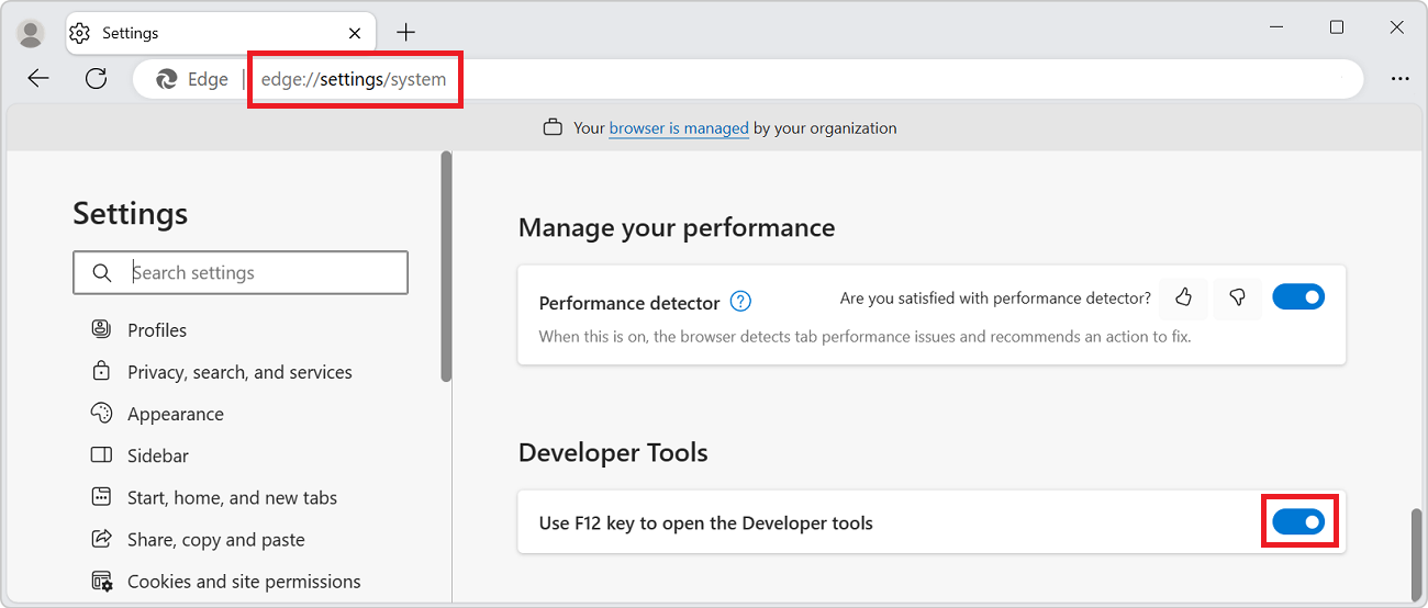 [Edge Settings]\(エッジ設定\) ページと [開発者ツール] セクションと、F12 キーを無効にする切り替え