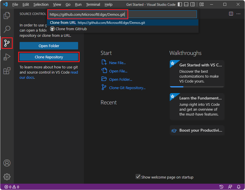 Visual Studio Code の [リポジトリの複製] ボタン