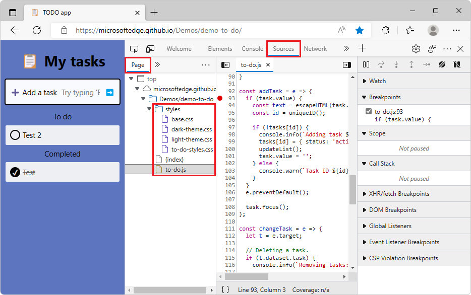 ソース ツールを選択してデモと DevTools を実行するには