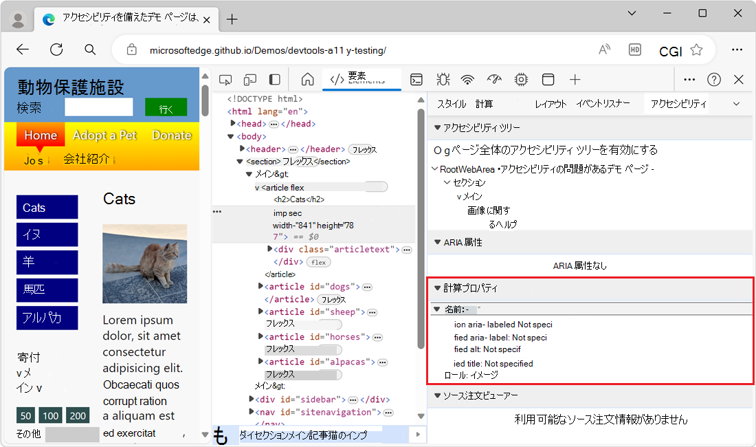 [アクセシビリティ] タブの [計算プロパティ] セクション