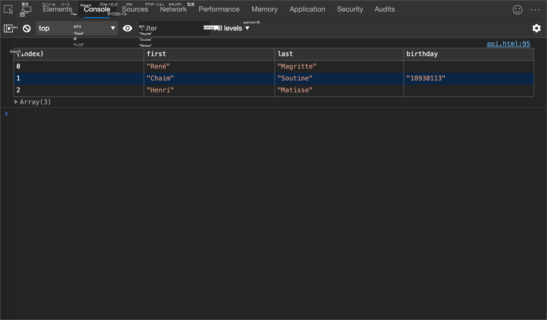 console.table() の例の結果
