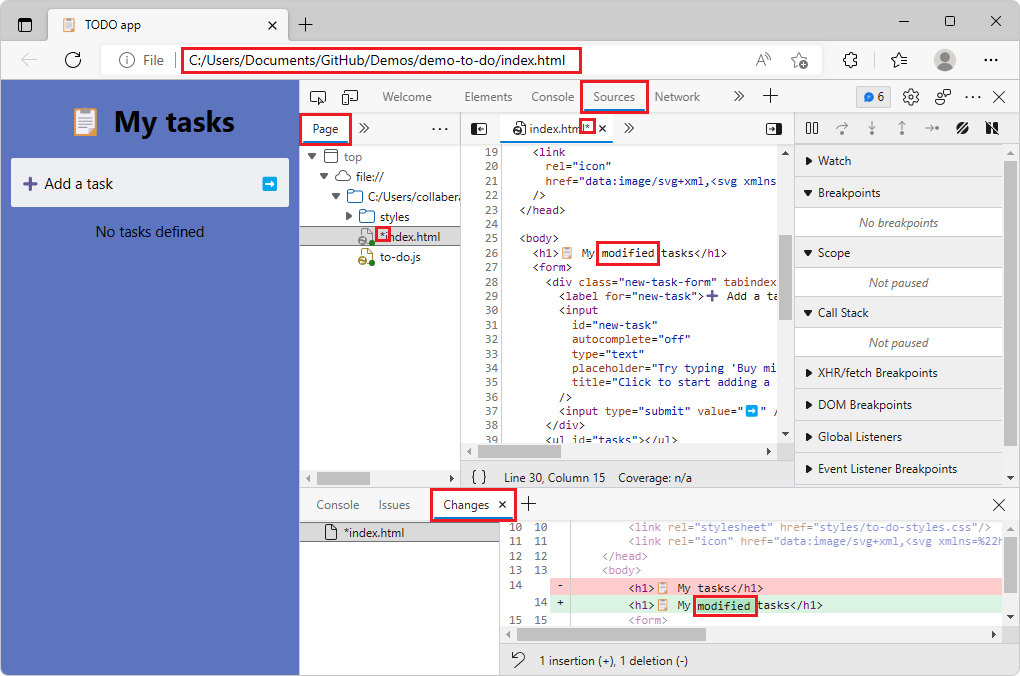 変更を保存する前の変更されたデモから実行のページ