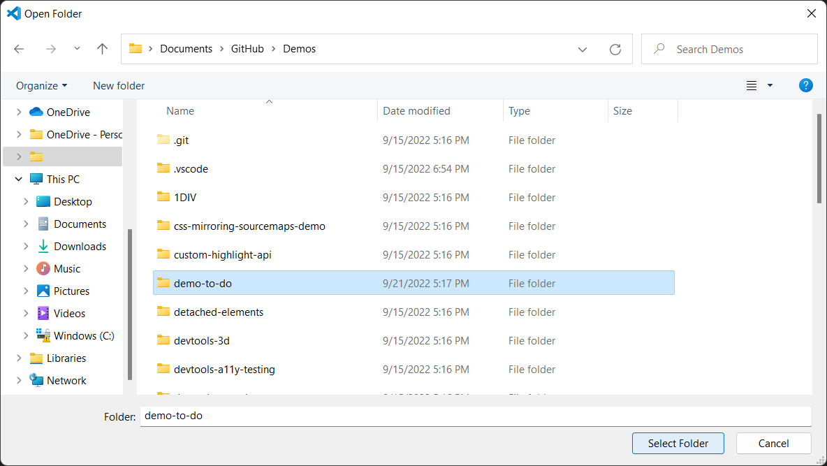 demo-to-do ディレクトリの選択