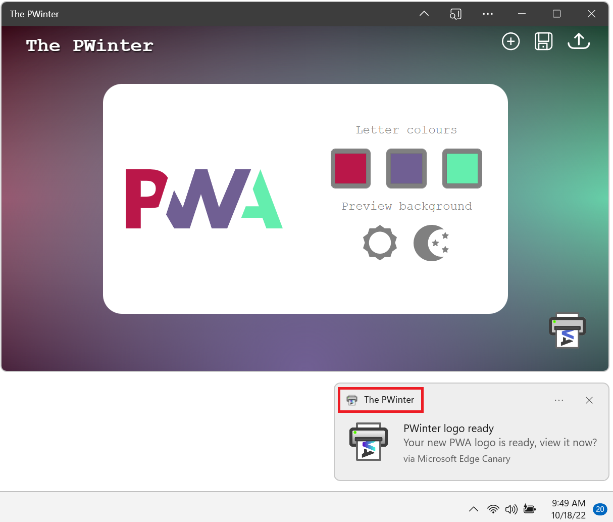 Windows タスク バーの近くに通知が表示された PWA アプリ ウィンドウ。 通知には、PWA アイコンと名前が表示されます。
