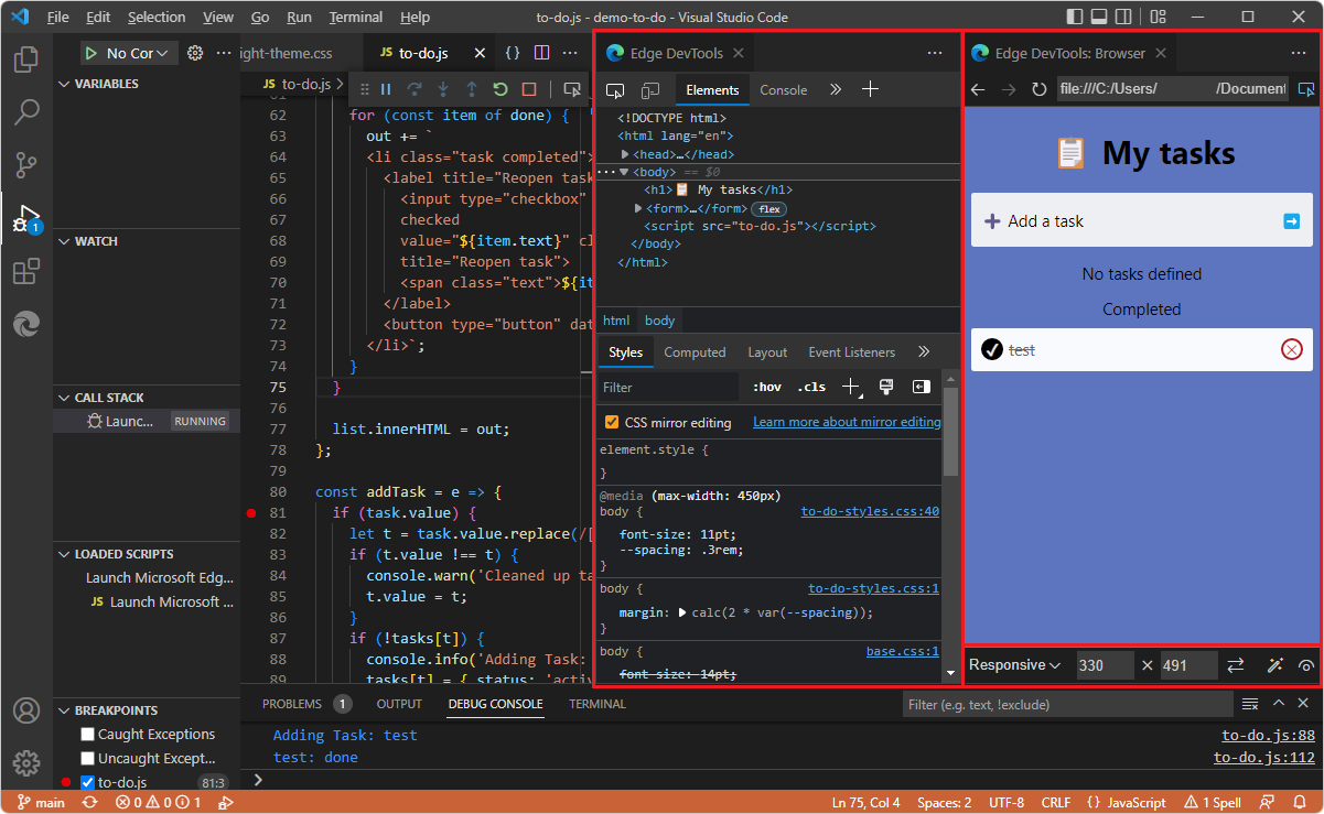 Visual Studio Code での Microsoft Edge 開発者ツールとブラウザー プレビュー
