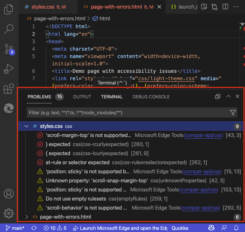 Visual Studio Code の下部パネルの [問題] タブに、プロジェクトのファイルで見つかったすべての問題が一覧表示されます。