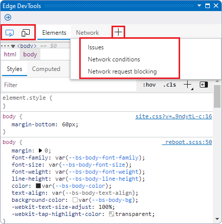 ドッキングされていない Visual Studio の [Edge DevTools] ウィンドウ