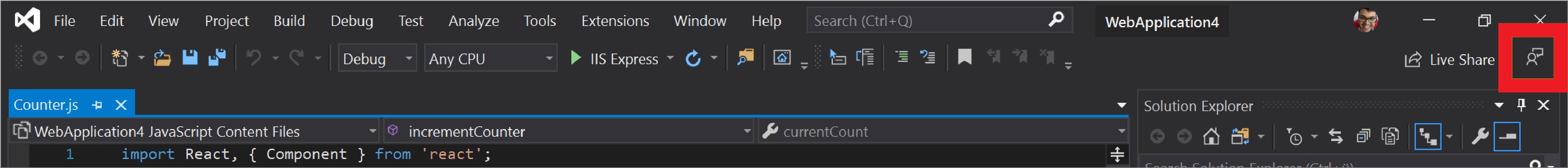Visual Studio の [フィードバックの送信] アイコン
