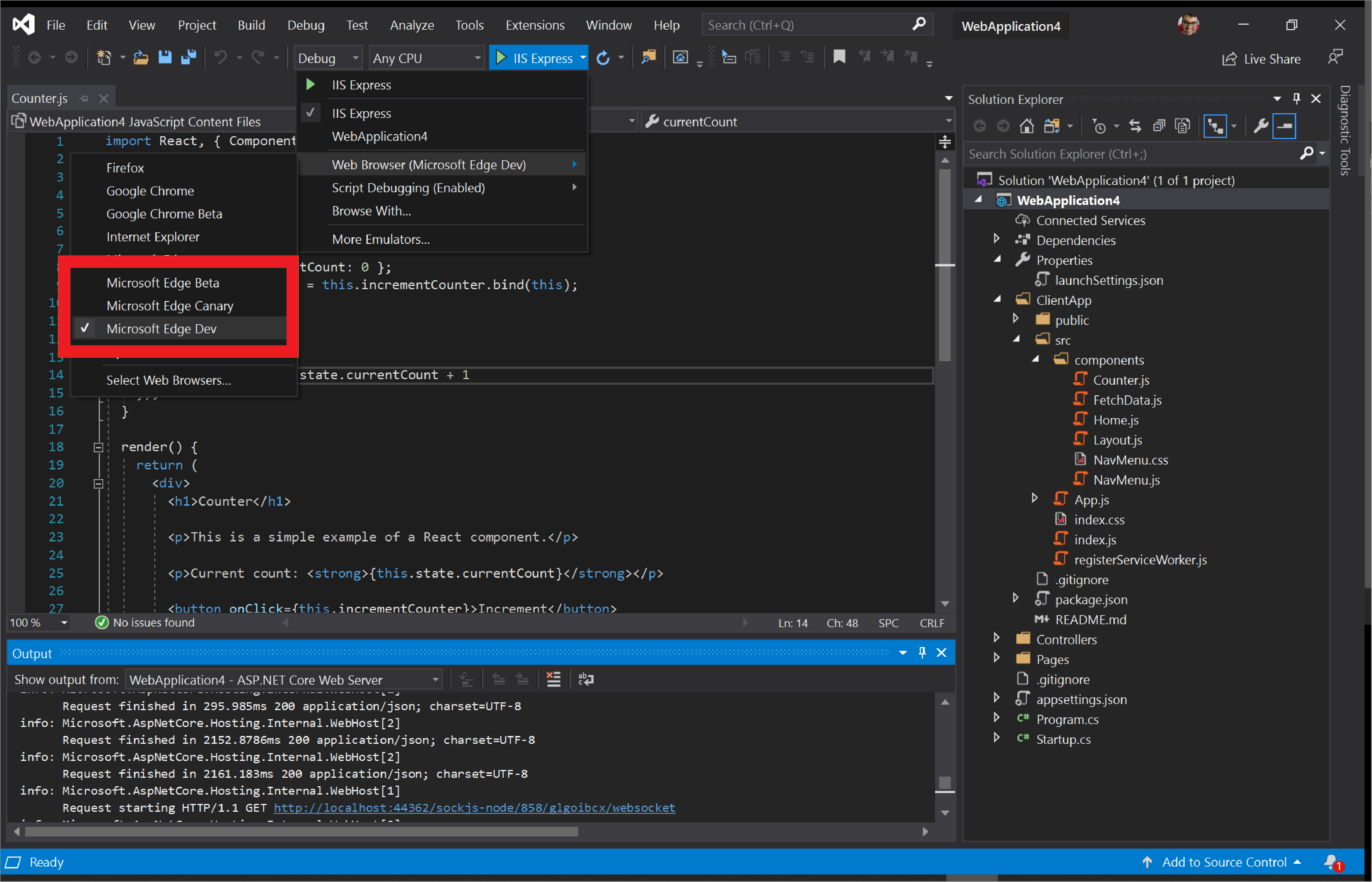 Visual Studio を起動する Microsoft Edge のプレビュー チャネルを選択します