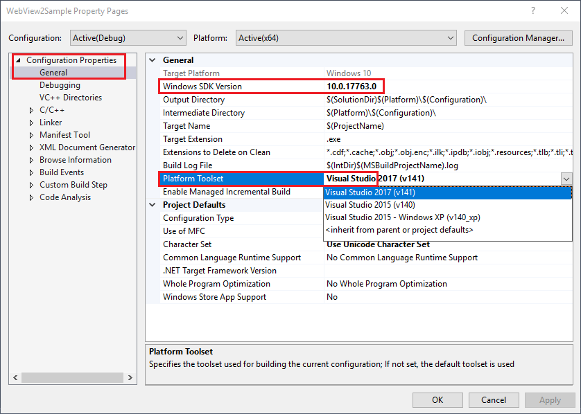 Visual Studio 2017 で、Windows SDK バージョンを 10 に設定し、プラットフォーム ツールセットを Visual Studio に設定します