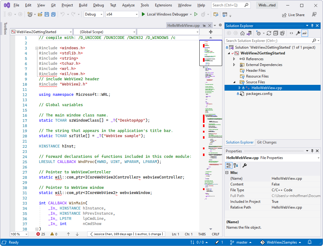 Visual Studio で開かれた、複製またはダウンロードされた WebView2 リポジトリの 'WebView2GettingStarted.sln' ファイルソリューション エクスプローラー