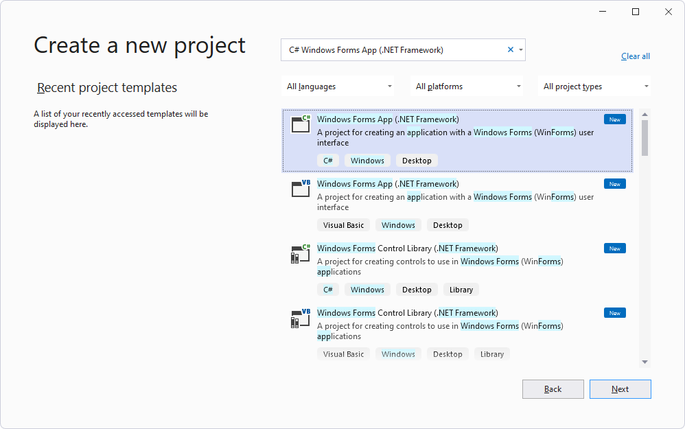[新しいプロジェクトの作成] パネルで、'C# > Windows フォーム App (.NET Framework)' を選択します
