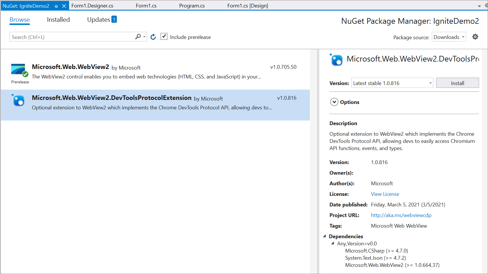 Visual Studio NuGet パッケージ マネージャーに Microsoft.Web.WebView2.DevToolsProtocolExtension が表示されていることを確認する