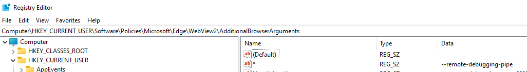 AdditionalBrowserArguments レジストリ キーを --remote-debugging-pipe に設定する