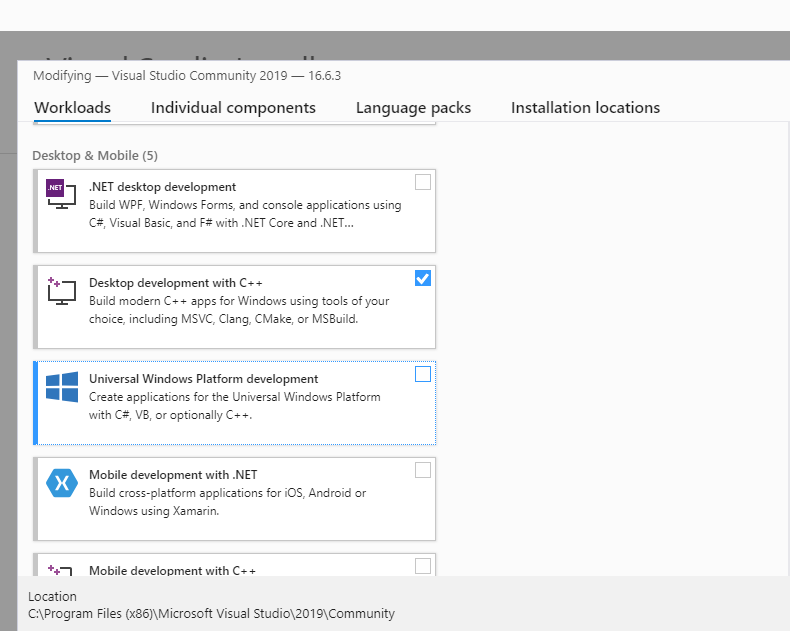 Visual Studio の [ワークロードの変更] 画面