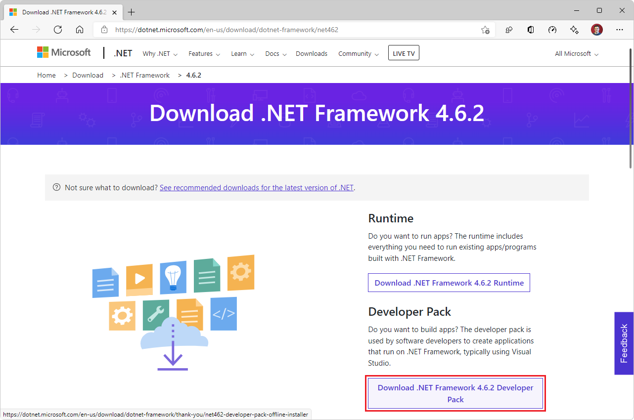 .NET Framework 4.6.2 開発者パックのダウンロード