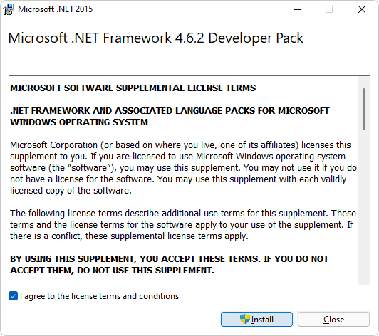 Microsoft .NET Framework Developer Pack の使用許諾契約書ダイアログ