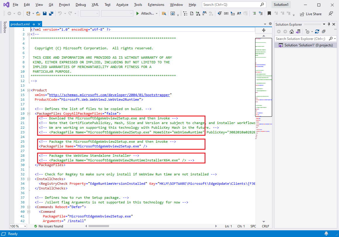  Visual Studio 2019 で編集用に開いたproduct.xml ファイル (変更なし)
