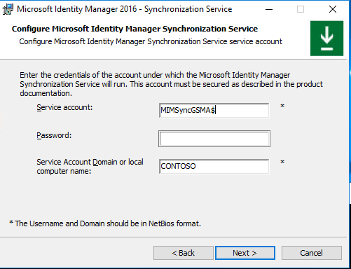 [Configure Microsoft Identity Manager Synchronization Service]\(Microsoft Identity Manager 同期サービスの構成\) ウィンドウ