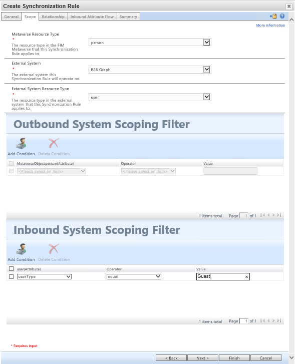 メタバース リソースの種類、外部システム、外部システム リソースの種類、フィルターを含む [スコープ] タブを示すスクリーンショット。